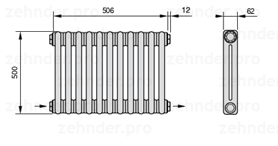 Схема (чертеж) Радиатор Zehnder Charleston 2050/11 №2670 Белый глянцевый RAL 9016